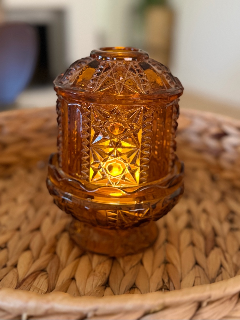Vintage Indiana Amber Glass Large Fairy Lamp Stars & Bars